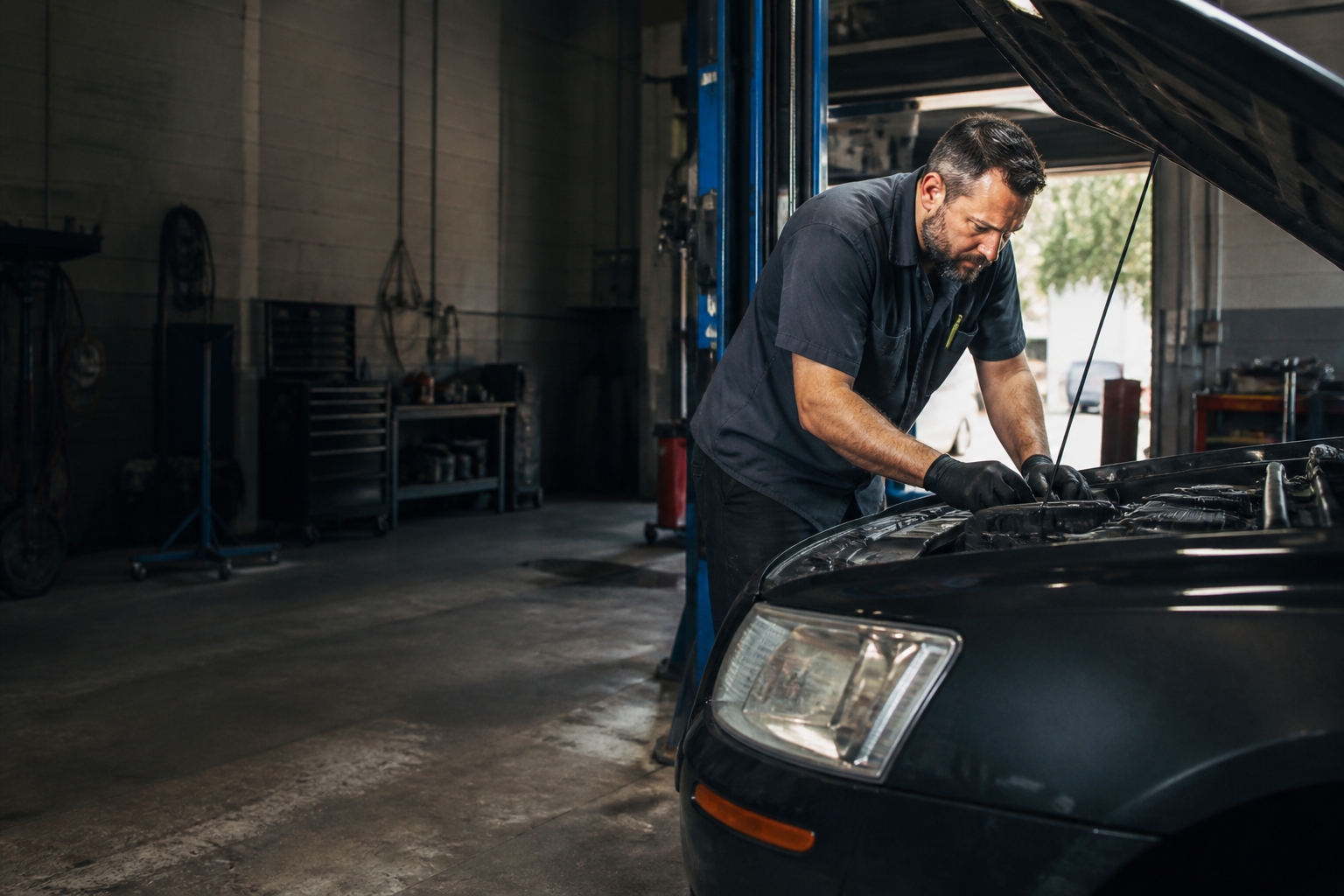 An experienced automotive technician inspecting a vehicle in an independent repair shop.