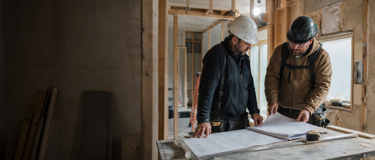 Two skilled trade professionals reviewing plans together inside an active residential renovation.