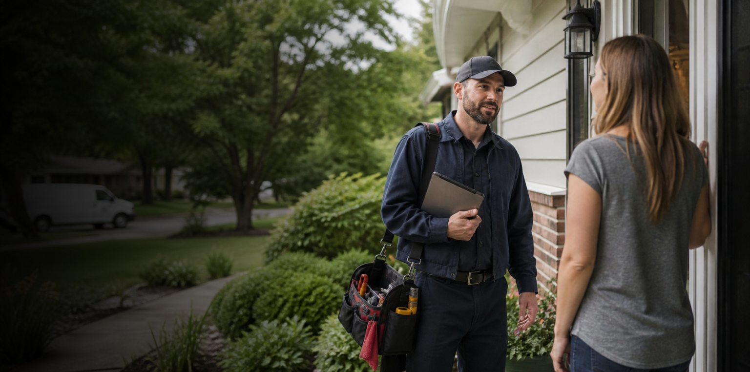 A prepared home-service technician speaking with a homeowner at the front door.