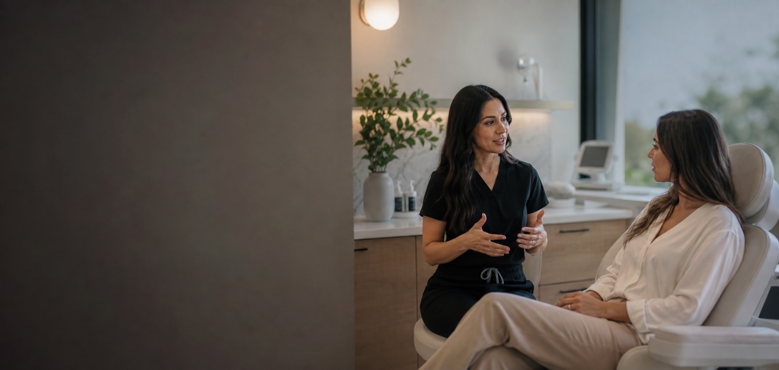 An aesthetic-clinic practitioner having a thoughtful consultation with a client in a modern treatment room.