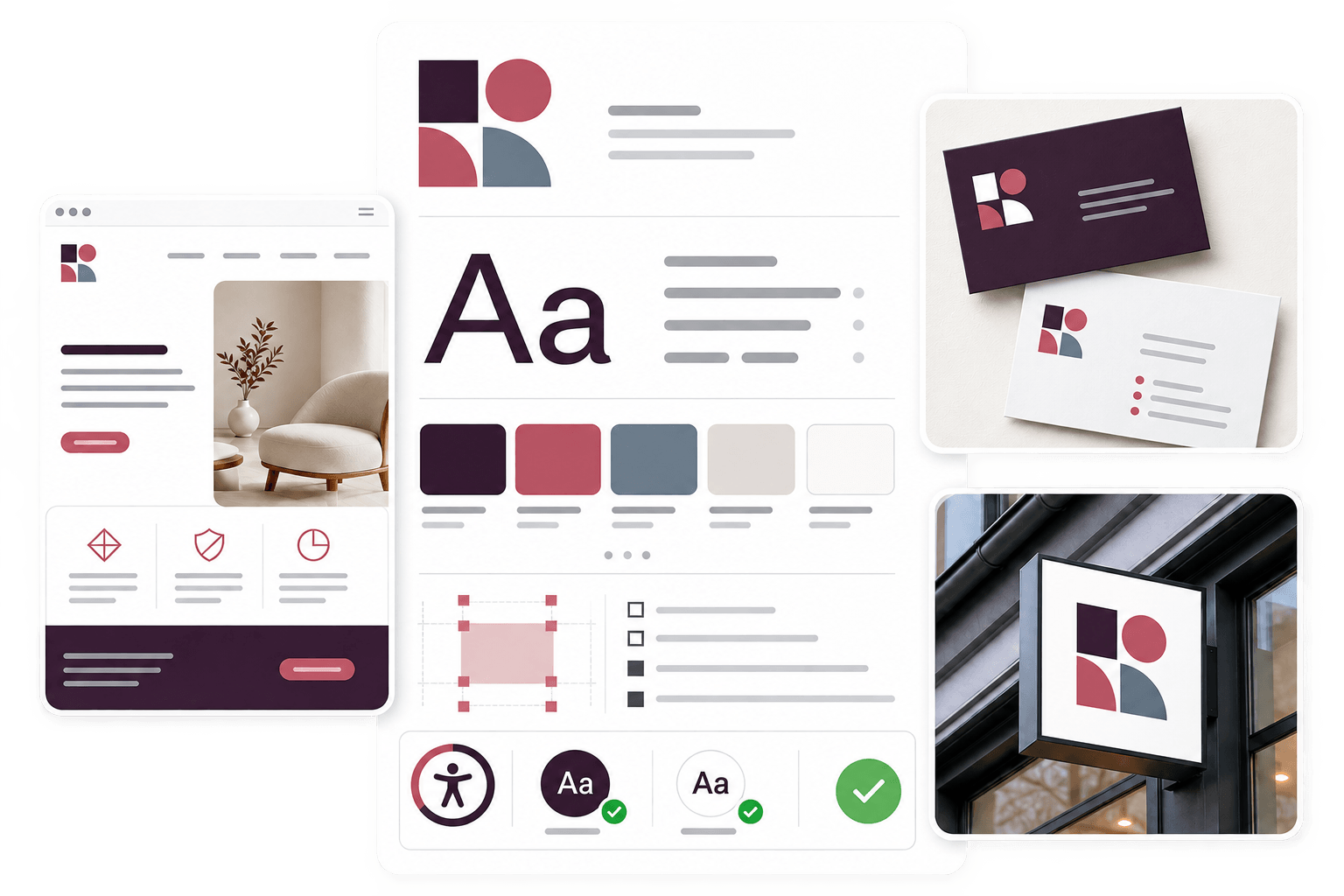 A practical brand system connecting identity, typography, color, website, print, and signage applications.